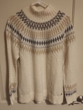 Eddie Bauer Cream Fair Isle Mock Neck Sweater with Gray & Tan Accents